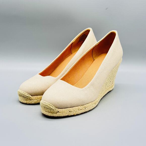 J Crew Shoes Womens 7 Beige Canvas Seville Wedge Espadrille Slip On Heels Summer - Picture 4 of 13